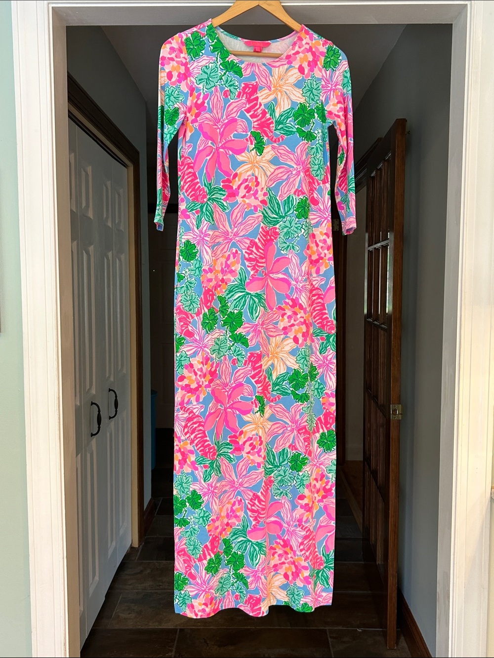 Lilly Pulitzer 3/4 Sleeve Round Neck Jersey Colorful Print Maxi Dress Sz S